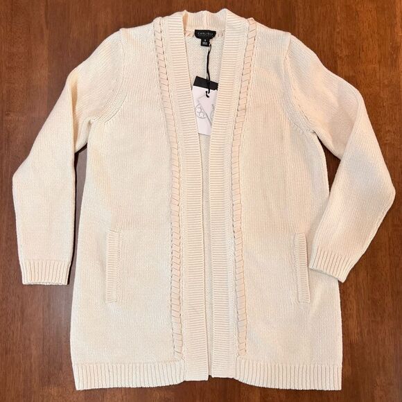 CARLISLE Cream Heavy Knit Open Front Cardigan Wool Blend Ribbed Pockets Sz S NWT - Picture 9 of 10